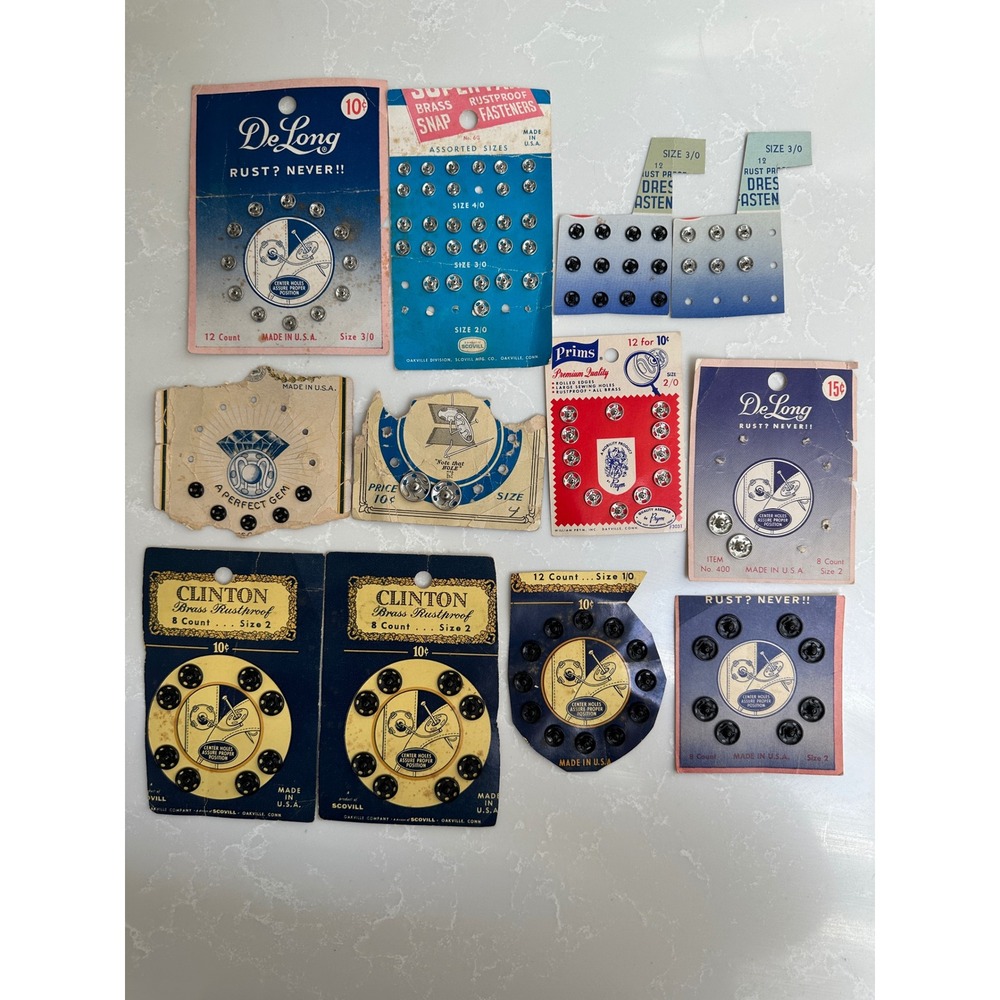 Vintage 1950s Snap Sewing Lot DeLong Clinton Prims Scovill Brass Fasteners USA